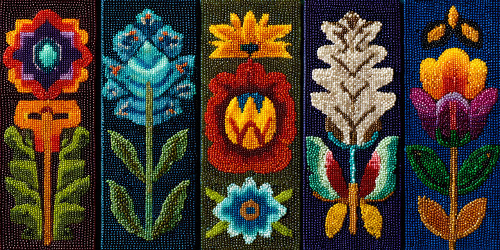 Traditional Native American beadwork patterns with vibrant colors and intricate designs, Native American, beadwork