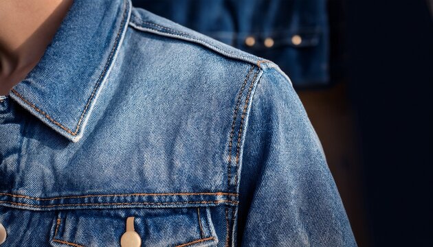 close up of a denim jacket s collar and pocket
