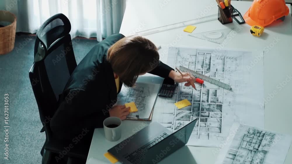 Aufkleber top view of smart business woman walking and give house design. aerial view of architect engineer lo