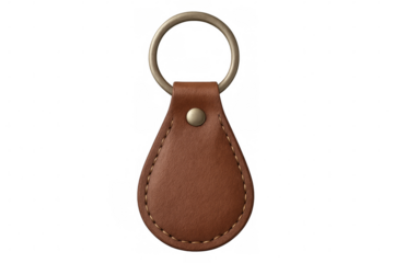 Worn leather keychain hanging against clear background, displaying craftsmanship and potential for custom branding