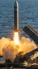 Guided missile launches from naval vessel during military exercise.
