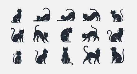 Black Cat Silhouettes Collection Various Poses Vector Icon Set