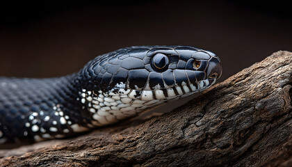 Fototapeta premium Captivating black kingsnake resting calmly on a weathered tree branch