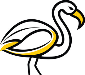 Minimalist flamingo standing isolated on a white background, featuring yellow beak and clean black outline