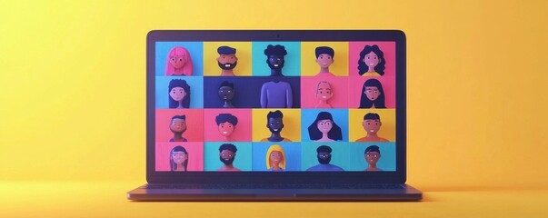 Laptop displaying an online meeting with colorful avatars on a yellow background