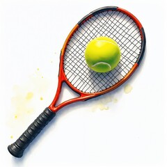 Vibrant red tennis racket with black head, yellow ball suspended mid-air. White background contrasts with colors, making racket and ball focal point. Tennis equipment, sports gear, colorful design.