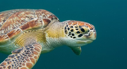 Fototapeta premium Green Sea Turtle Swims Gracefully Underwater