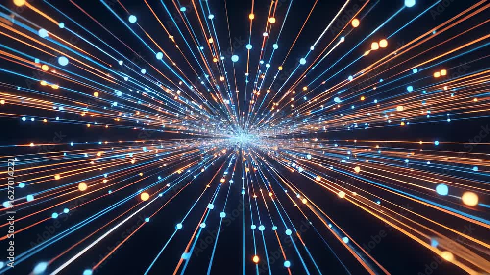 Aufkleber dynamic zoom-in on electric blue and orange light particles creating a vibrant display of technology