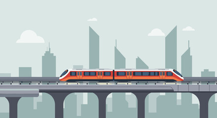 Modern red train on elevated track in urban skyline with skyscrapers and clouds. Vector illustration