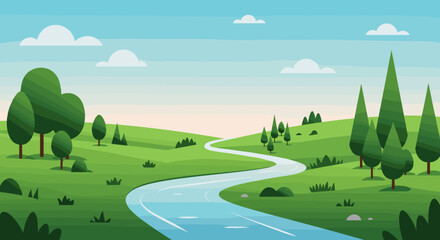 Obraz premium Serene landscape with flowing river and rolling green hills under blue sky. Vector illustration
