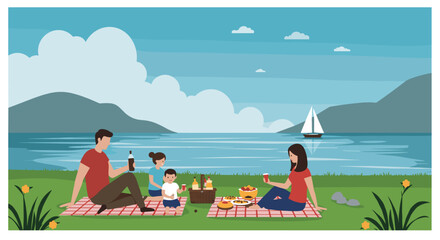 Family picnic by the lake with parents and children enjoying nature with food and drinks. Vector illustration