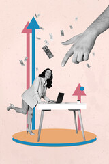 Trend image vertical photo collage of happy businesswoman businessman receive arrow development...