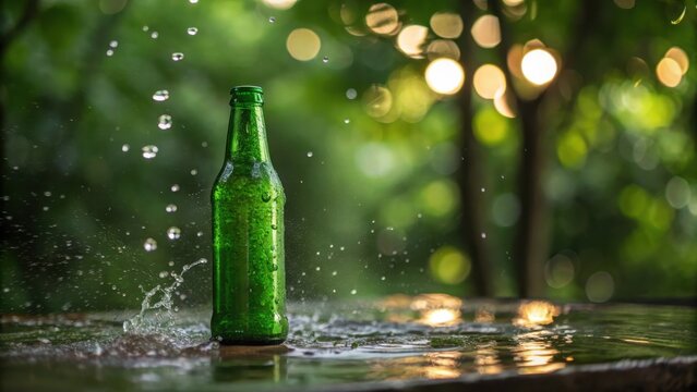 Green beer bottle with water splashes in nature bokeh background - Powered by Adobe