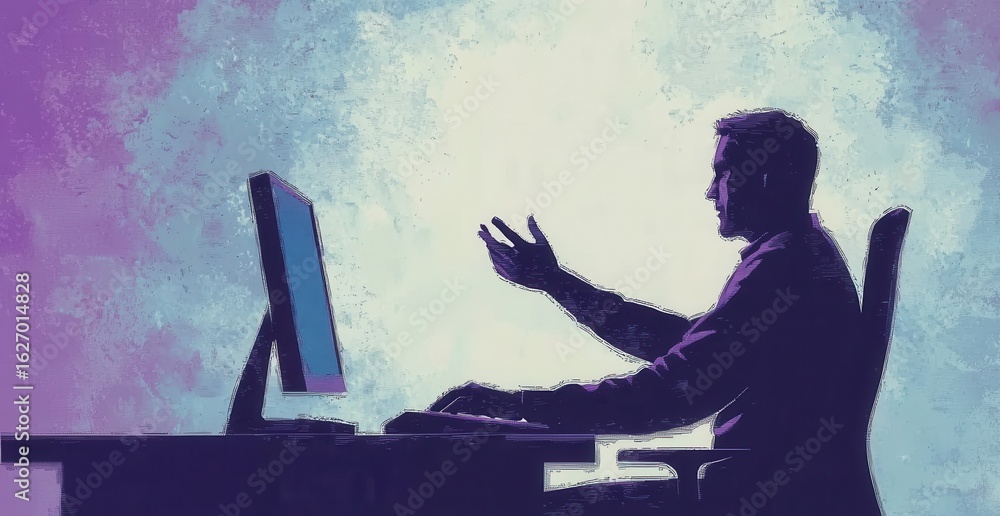 Poster man engaging in animated discussion while working at a desk with computer
