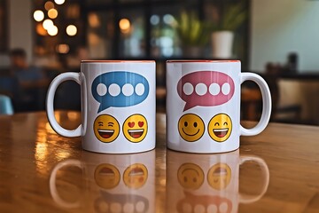 Two Coffee Mugs with Emoji Designs on a Wooden Table Reflecting the Design and Creating a Warm Aesthetic