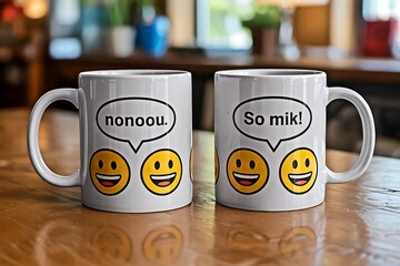 Two Coffee Mugs with Funny Slogans and Smiling Emoticons on a Polished Wooden Table in a Cafe
