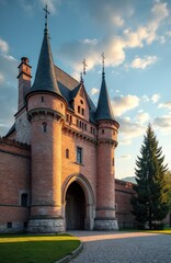 Fototapeta premium Historic brick building features Gothic architecture with multiple towers, spires. Prominent arched entryway leads into structure. Green grass, cobblestone paths surround ancient edifice under clear