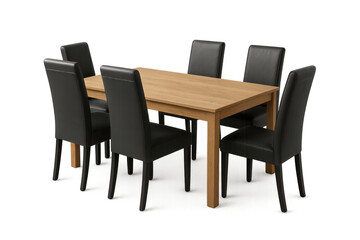 Wooden dining table with six black leather chairs on transparent background