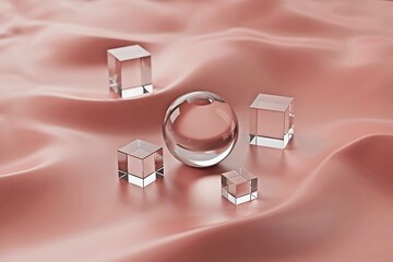 Elegant Still Life with Crystal Cubes and Sphere on Silky Pink Fabric for Abstract Design and Modern Art Concepts