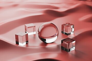 Elegant Still Life with Clear Crystal Sphere and Cubes on a Rose Gold Satin Background for Product Presentation and Design Concepts