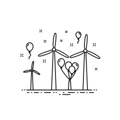 Energy conservation icon with wind turbines and person holding balloons  