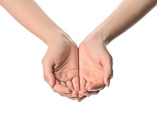 Two cupped human hands offering or receiving something on a white background studio shot expressing generosity and support