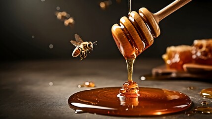Golden Honey Dripping from Wooden Dipper with Honeycomb and Flying Bee Close Up Shot for Natural Sweetness and Healthy Eating