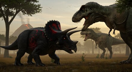 Fototapeta premium A dramatic scene of a triceratops facing two t-rex dinosaurs with a volcano in the background setting