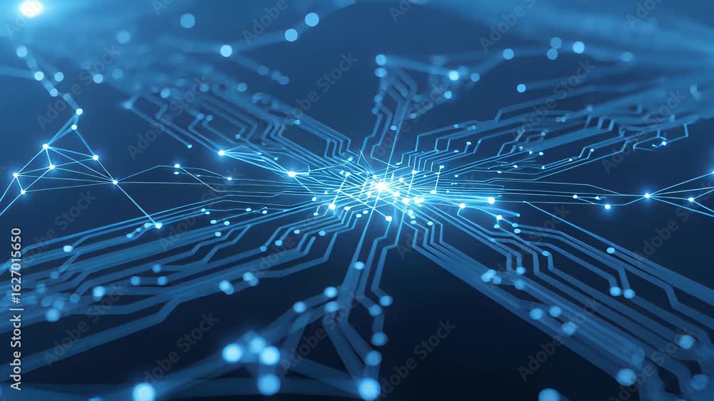 Poster dynamic zoom into a vibrant network of glowing technology showcasing intricate circuitry and neon bl