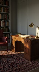 Classic Wooden Desk and Bookshelf in a Warmly Lit Study