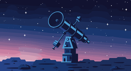 Large telescope under starry night sky on rocky terrain for stargazing. Vector illustration