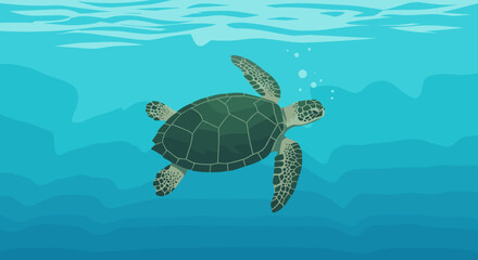 Obraz premium Sea turtle swimming tranquilly underwater in vibrant blue ocean scene. Vector illustration