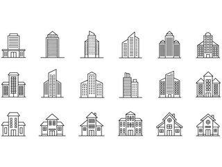 Fototapeta premium Modern Minimalist Line Art Building Icons: Houses, Apartments, and Skyscrapers Collection.