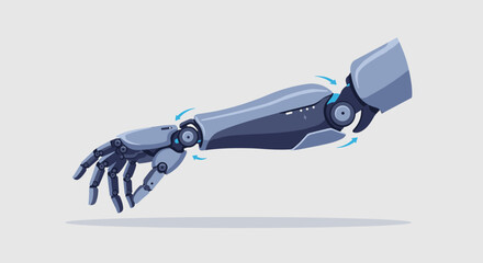 Robotic prosthetic arm with articulated joints and mechanical fingers. Vector illustration