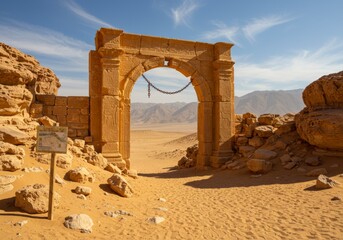 Ancient sandstone archway frames desert landscape under a clear sky.
