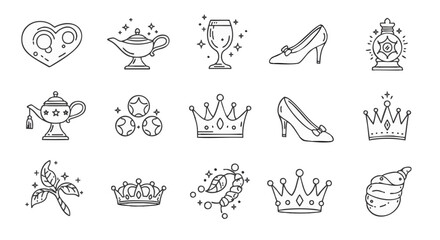 Fairy tale line icon set with princess and magic elements. Vector collection of royal crown, glass slipper, and fantasy objects. © omar bonyan