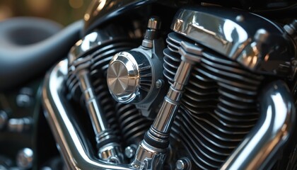 Fototapeta premium Motorcycle engine close-up, intricate mechanical details, chrome fins, steel pipes. Automotive engineering concept. Precision V-twin motor parts, powerful design, industrial craftsmanship, shiny