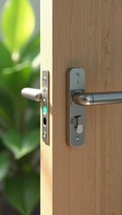 Obraz premium Modern metal door handle with illuminated green indicator light on light brown wood door. Sleek, contemporary design for smart home entry, security. Offers convenient, user-friendly access control,
