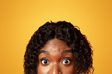 Closeup of millennial black woman surprised eyes, orange studio, background. Amazed african...