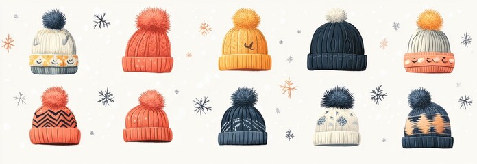 Variety of colorful winter hats with unique designs and pom-poms
