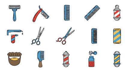 Barbershop tools and hairdressing equipment icon collection. Colorful flat line art illustrations of grooming supplies for a salon or barbershop.
