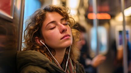 Fototapeta premium Commuter Peacefully Listening to Music on Subway
