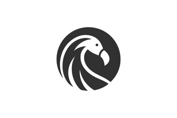 Minimalist logo features a black bird symbol, circular and stylized shape on white