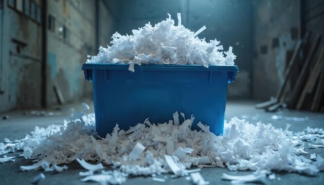 Blue bin overflows with shredded paper, secure data disposal, confidentiality. Image highlights efficient office waste management, document destruction, privacy protection. Suggests recycling,
