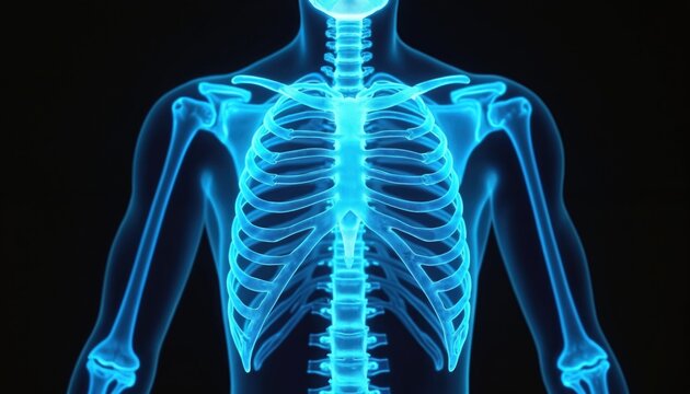 Blue x-ray illustration of human skeleton showing ribcage, spine, shoulder, arms. Glowing bones on dark background, representing anatomy, medical science. Useful for healthcare, orthopedics, bone