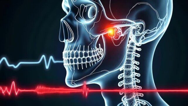 Human anatomy, skeletal structure, jaw pain. Facial discomfort. Artery constriction reduces blood flow. Muscle elasticity aids facial expression. 3D medical illustration shows nerve impact. Nerve