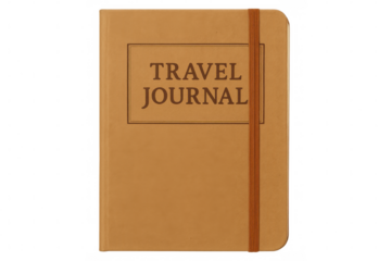 Closed travel journal with orange bookmark ribbon isolated on transparent background, ready for travel memories