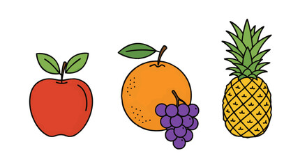 Set of colorful fruit illustrations number ninety-one. Includes apple, orange with grapes, and pineapple icons for healthy lifestyle concepts.