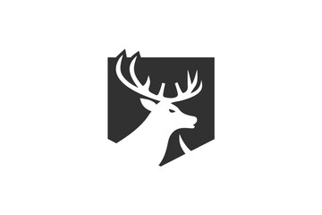 Majestic stag profile with striking antlers is captured within a bold monochrome shield