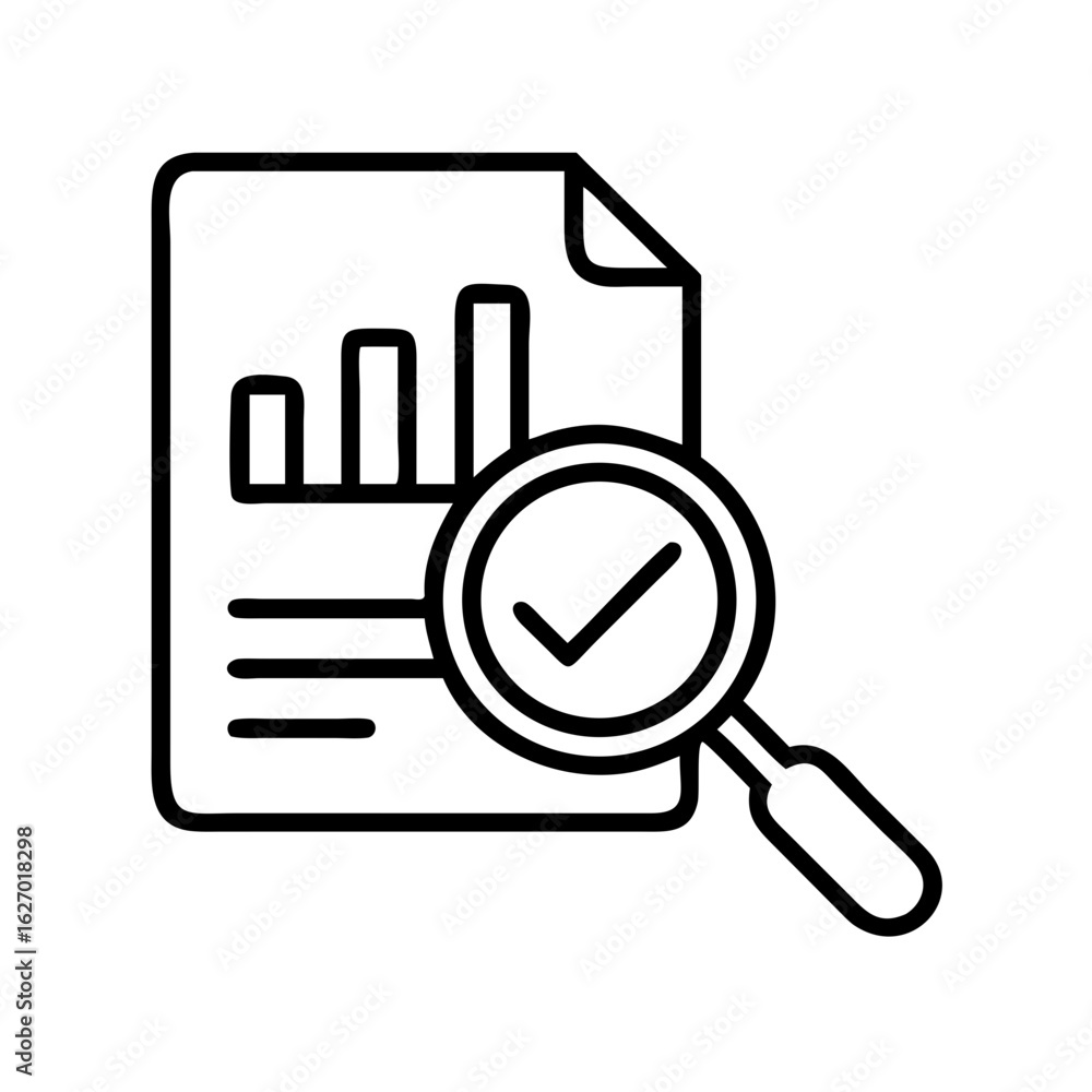 Poster analyzing business report data with magnifying glass and check mark for verification process